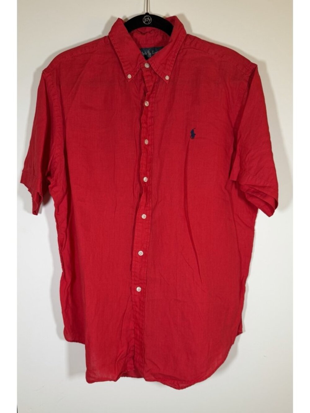 Ralph Lauren red linen short sleeve button down preppy luxury shirt L classic